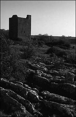 Black and white photograph of Lydigan Castle, seated on an outcropping of the Burren.