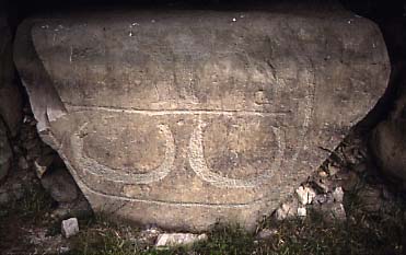 Colour photograph of carved kerb stone at Knowth.