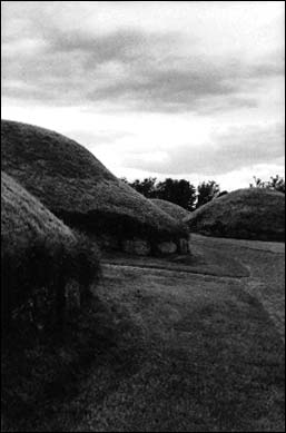 Black and white photograph of mounds at Knowth.