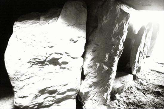 Black and white photograph of smaller passage at Knowth.