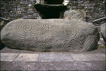Colour photograph of carved entrance stone at Newgrange.