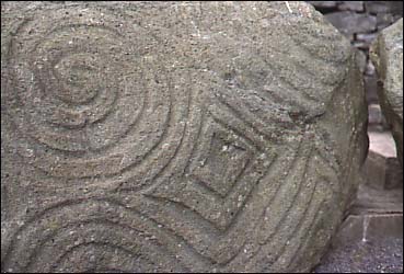 Close-up colour photograph of carving on entrance stone at Newgrange.
