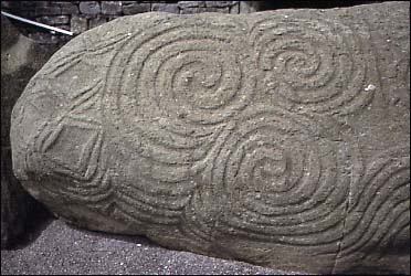 Colour detail of carved entrance stone at Newgrange.