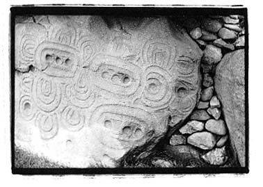 Black and white photograph of back stone at Newgrange.